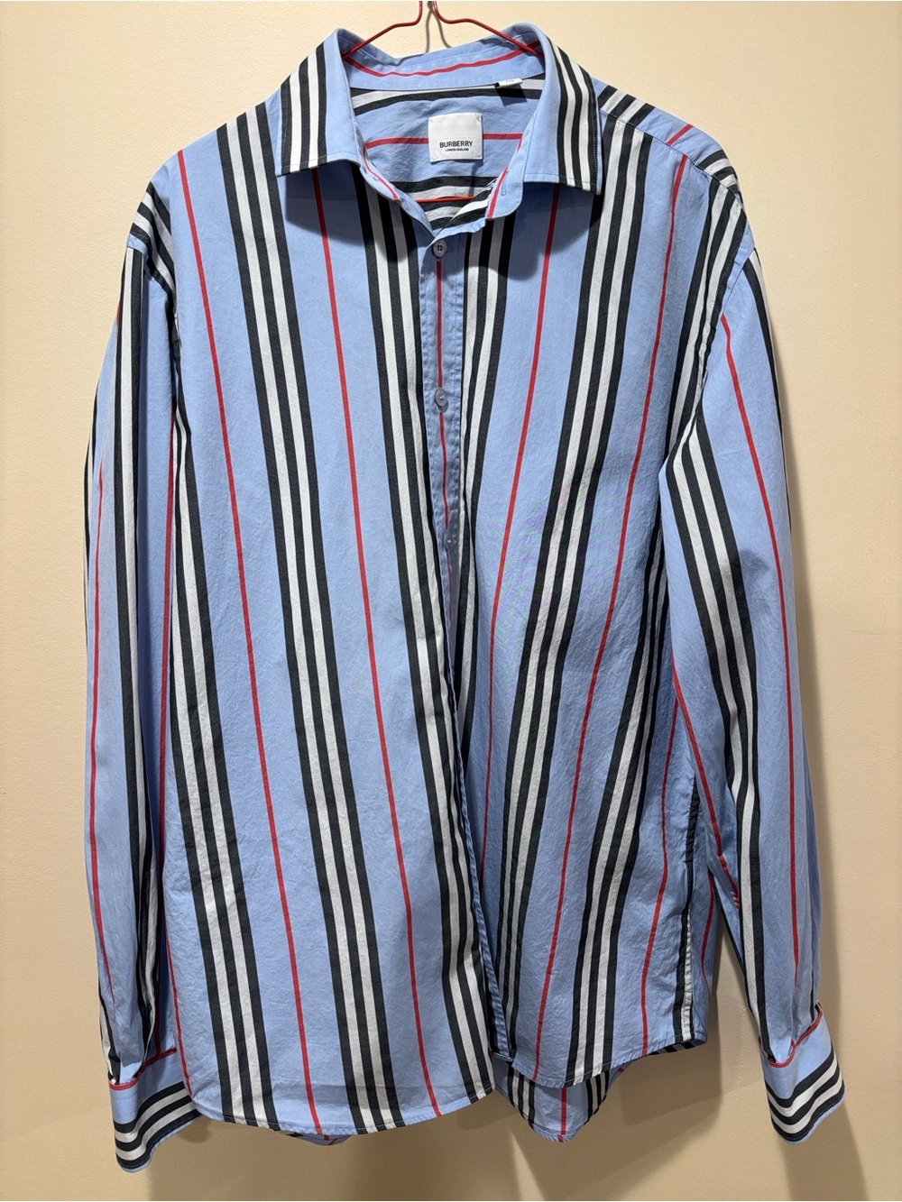 Burberry Light Blue Button-Down Shirt with Black & Red Stripes